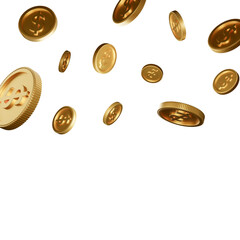 3d render falling gold coins transparent background