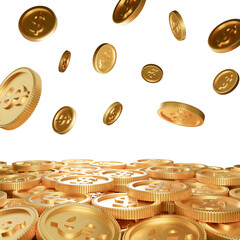 3d render falling gold coins transparent background