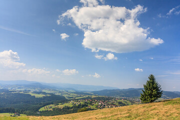 Fototapeta na wymiar View from the top of Ochodzita in Koniaków towards the south-west of Jaworzynka and the peaks of the Silesian Beskids (Poland) on a sunny summer day.