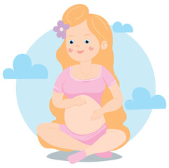 Vector illustration of a pregnant girl in a simple cartoon style. Blond woman sitting in the lotus position. In the background is a blue ball with clouds.