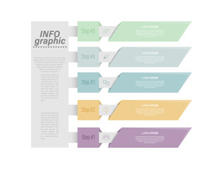 5 stages of development, improvement or training. Infographics with visual action icons for business, finance, project, plan or marketing