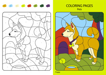 Coloring book for children: dog in the garden. Vector illustration