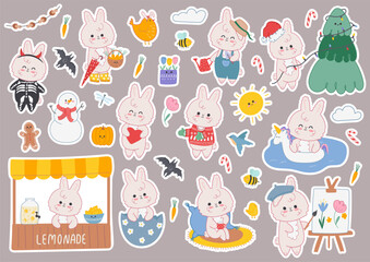 Vector stickers cute rabbit with different activities and seasons. Bunny with pool ring, bunny decorates the Christmas tree, Halloween, Easter bunny, etc. Cute design for posters, scrapbooking