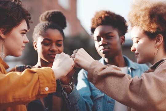 Group of young multiracial people making fist  as symbol of unity, community, solidarity and teamwork, Generative ai 