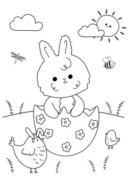 Coloring page of kawaii easter bunny with mother hen and chicks.Antistress coloring book for adults and children.
