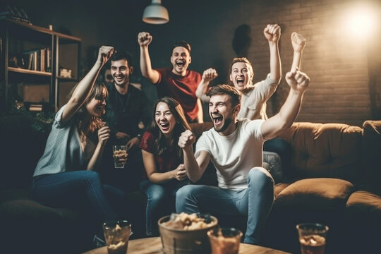 Sport fans watching game on TV, cheering and celebrating victory, Generative ai