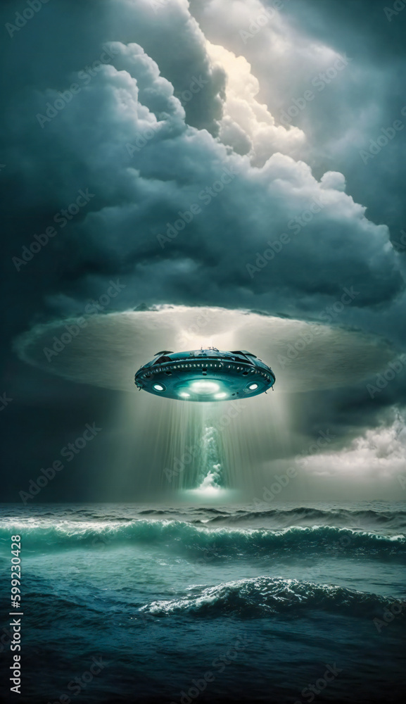 Poster ufo takeoff from the ocean. created with generative ai technology.
