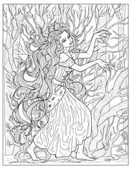 Vintage coloring page with beautiful vampire princess and gloomy autumn forest with creepy branches, black and white scary Halloween background illustration, line art with esoteric fantasy concept