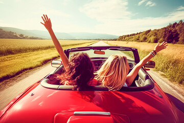 Two girls in a red car with their hands up driving through a valley in summer