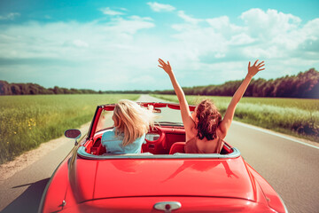 Two girls in a red car with their hands up driving through a valley in summer - obrazy, fototapety, plakaty