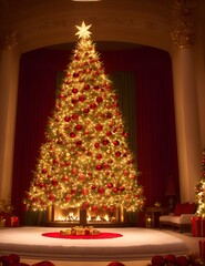 Christmas tree, filled with red and gold ornaments