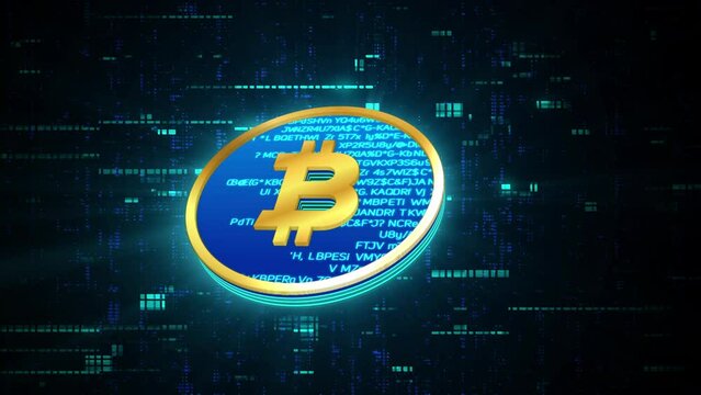 3D blue and golden bitcoin glowing shining with blue binary code encryption data, Privacy security protection network encode decode online access concept