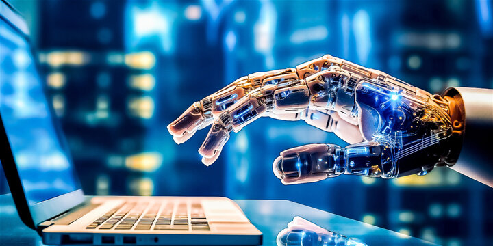 Robot hand ai artificial intelligence assistance work with computer display, crystal office background. Generative AI