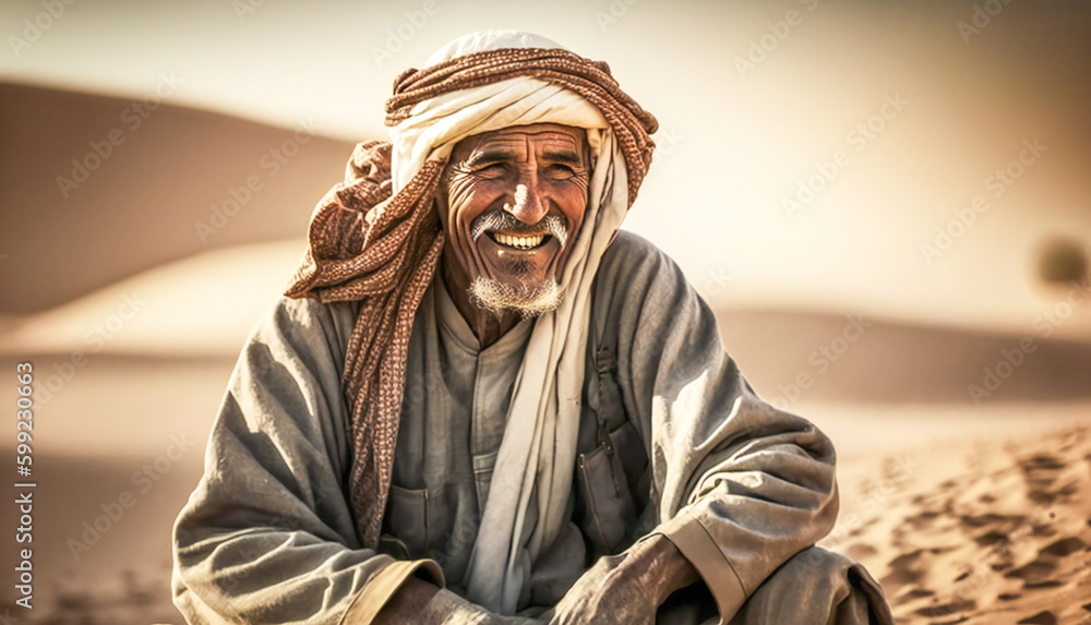 Poster portrait of a laughing bedouin man in the desert. created with generative ai technology.