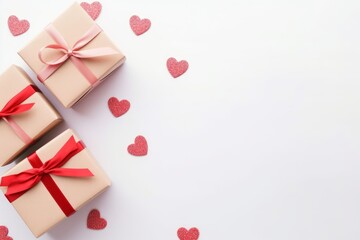 Gifts decorated with hearts. With free space for text on a white background. Valentine's Day concept with gifts and hearts background. Generative AI
