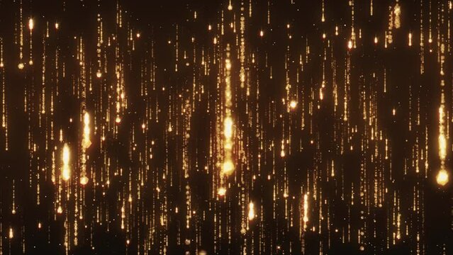 Beautiful luxury golden light magical particles trail like rain falling and glittering. random size with depth of field. stardust galaxy background. for award ceremony event. Loopable. LED.4K