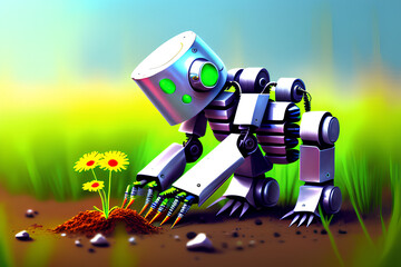 A robot with artificial intelligence marvels at the beautiful flower growing out of the ground.