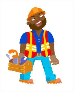 African-American building worker in helmet and safety vest with tool box. Cartoon illustration for design. Isolated picture on white background