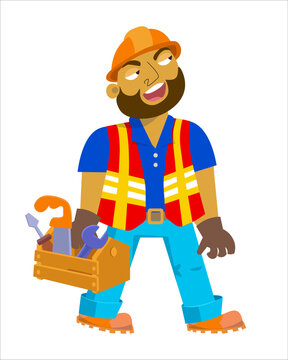 Builder man in helmet and safety vest with toolbox.  Cartoon illustration for design. Isolated picture on white background.