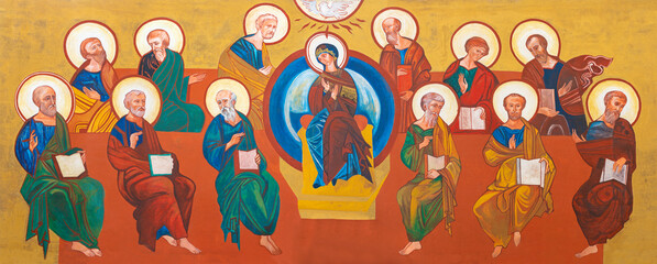 NAPLES, ITALY - APRIL 24, 2023: The modern icon of Pentecost in church Chiesa di San Vitale Martire...