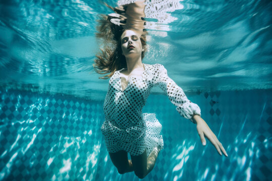 Woman in a dress underwater, in a blue pool meditating in freediving on summer vacation. underwater meditation and relaxation techniques. Illustration. Generative AI