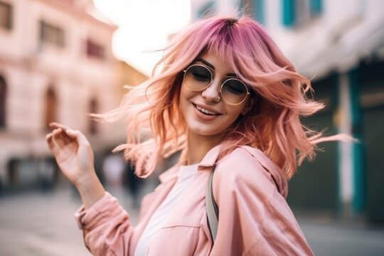 Cheerful woman with pink hair dancing on street, while smiling and enjoying. Positive person, Illustration, Generative AI