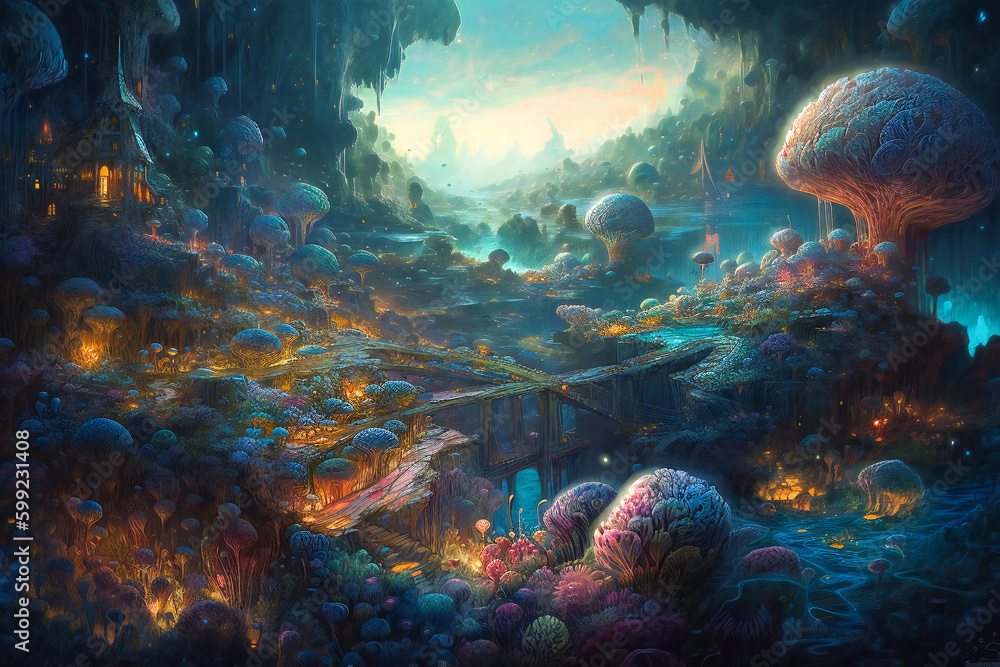 Poster surreal fantasy landscape on an alien planet. created with generative ai technology.