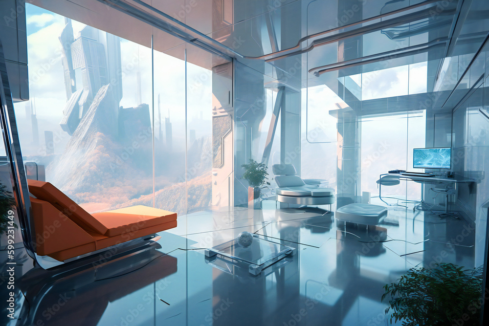 Poster futuristic generic technology white room. created with generative ai technology.