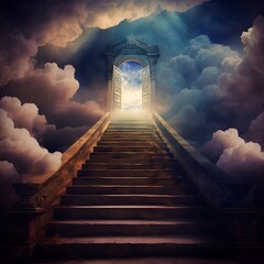 Stairway Leading Up To Heavenly Sky Toward The Light bible persons of hope they are resurrected to  life dense white clouds in high at the end of the gate stone Jesus holy place God Generative AI 