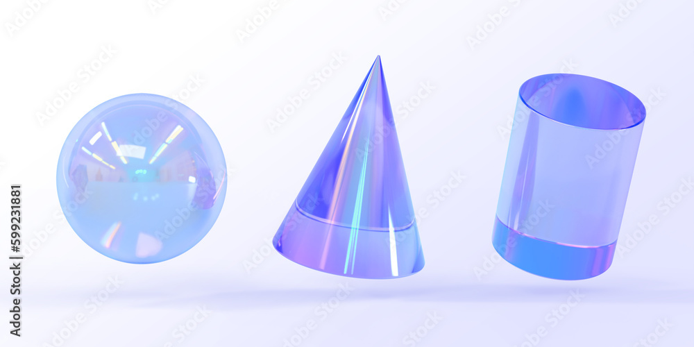 Poster glass sphere, cone and cylinder 3d render icons set. abstract figures of geometric shapes with holog