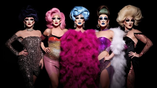 Drag show artists at nightclub entertainment performance, group of men dressed as women at night club stage, drag queens artists with exaggerated femininity, generative AI