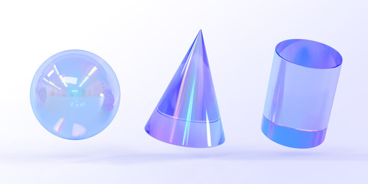 Glass sphere, cone and cylinder 3d render icons set. Abstract figures of geometric shapes with holographic gradient texture, crystal iridescent objects, isolated graphic elements. 3D illustration