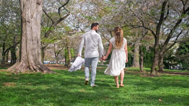 Husband and wife walking in a park with a blanket looking for good grounds to start a picnic with their family
