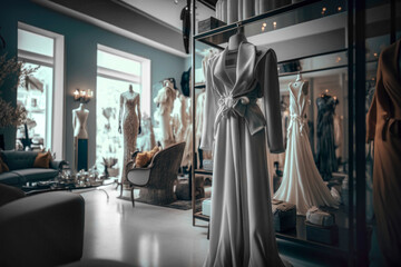 interior of a haute couture evening dress shop. High fashion concept, haute couture, designer. Illustration. Generative AI - obrazy, fototapety, plakaty