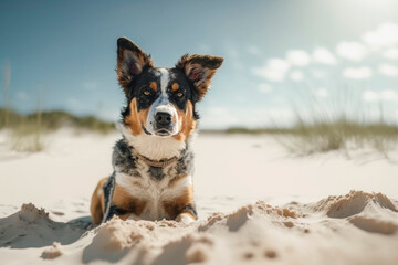 Small dog at the beach sitting on the sand and looking at camera. Holidays with pets. Illustration. Generative AI