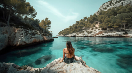 Woman in front of a cove with crystal clear water in the Mediterranean looking at the sea, surrounded by rocks on the island of Mallorca, Spain, Summer vacation. Illustration. Generative AI - obrazy, fototapety, plakaty