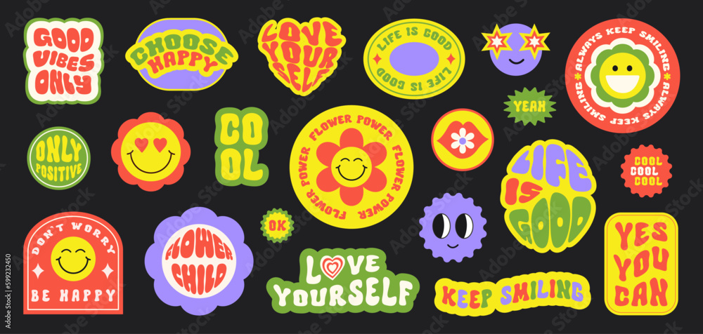 Poster Trendy colorful set stickers with smiling face and text isolated on a black background. Collection of cartoon shapes, positive slogans in style 70, 80s. Vector illustration