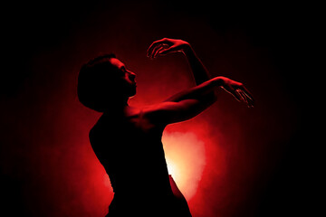 Silhouette modern ballet dancer. Ballerina posing against black with smoke in the background © Nikola Spasenoski