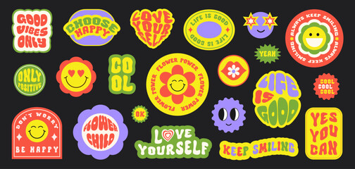 Obraz premium Trendy colorful set stickers with smiling face and text isolated on a black background. Collection of cartoon shapes, positive slogans in style 70, 80s. Vector illustration
