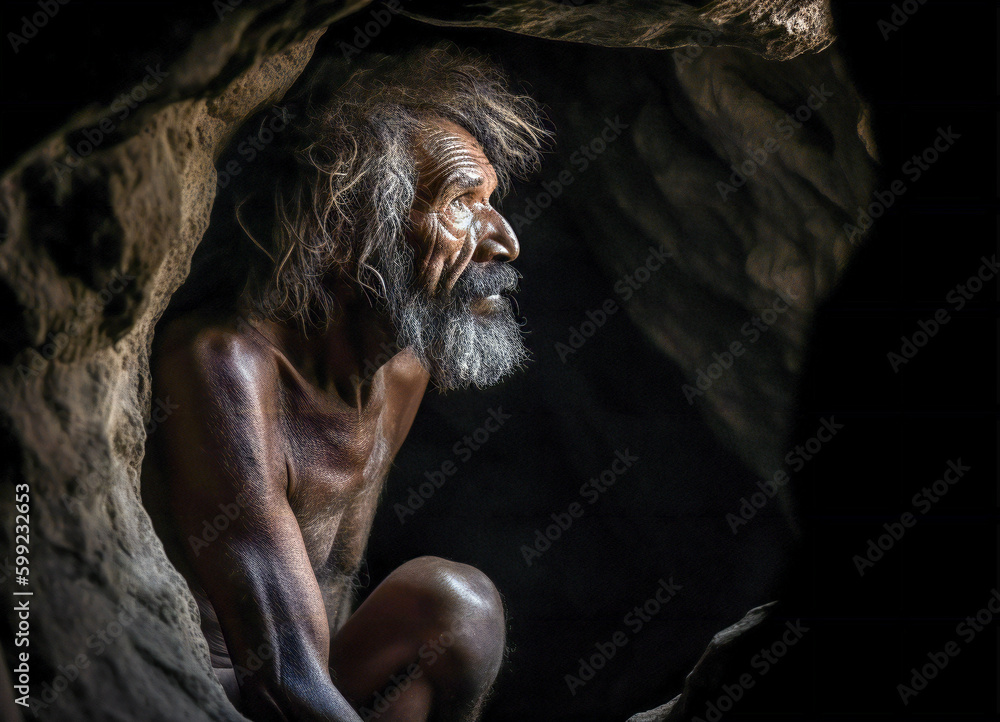 Poster prehistoric man in a cave. created with generative ai technology.