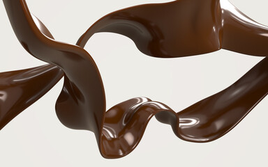 Streams of hot chocolate 3d render. Brown dark waves or curved ribbons with liquid glossy texture isolated on white background. Flows of abstract fluid, graphic elements for banner ad. 3D illustration