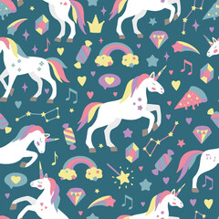 Seamless vector pattern with cute unicorns on a floral background. Ideal for textiles, wallpapers or prints.