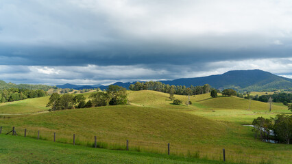Fototapeta na wymiar Landscape with mountains and clouds. View from Tweed Regional Gallery, Murwillumbah, New South Wales, Australia