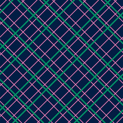 Square grid vector seamless pattern. Abstract linear geometric texture with thin diagonal crossing lines, rhombuses, mesh, lattice, grill. Simple retro style background. Dark blue, pink, green color