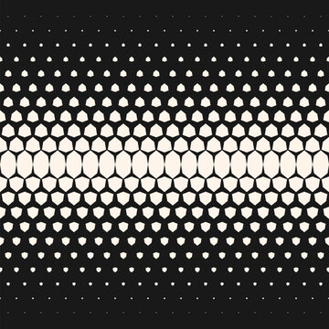 Halftone vector geometric seamless pattern with diamond shapes, crystals, grid. Abstract minimal monochrome background with gradient transition effect. Trendy retro style black and white repeat design