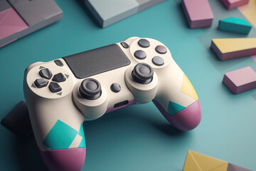 Colorful game controller, joystick, gamepad over 3d vibrant geometric shapes on background .Video games and fun. Illustration. Generative AI