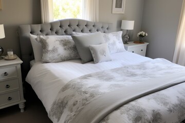  bed with white pillows in hotel, ai generative