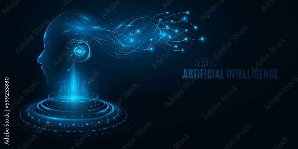 Poster holographic futuristic cyborg with artificial intelligence analyzes data information with neural net