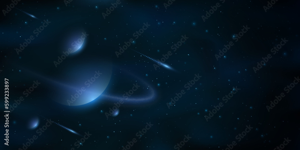 Poster planets on the background of open space with falling stars. galaxy concept. realistic starry sky for