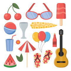summer set. beach items, summer vacation. sunglasses, ball, surfboard, champagne, guitar, umbrella, watermelon, slates, ice cream, cherry, drink. vetor cartoon simple flat objects